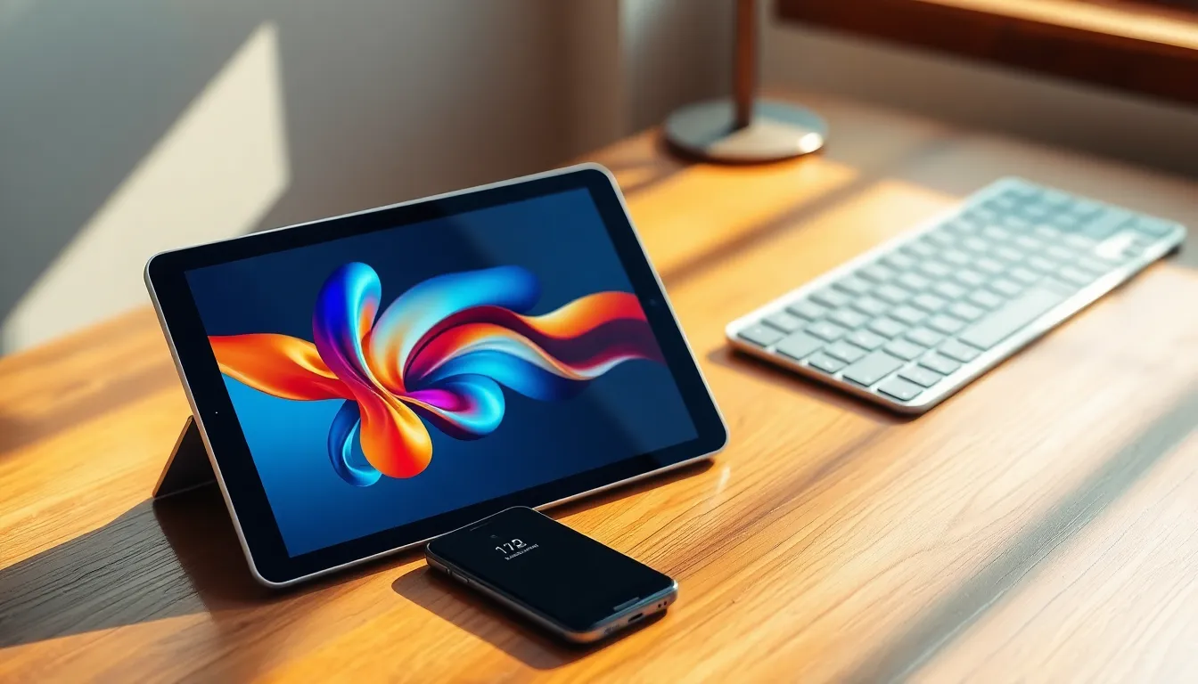 최신 컴퓨터와 태블릿, 스마트폰이 함께 있는 이미지