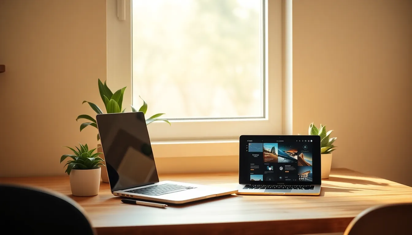 현대적인 기술 장치들이 펼쳐진 책상